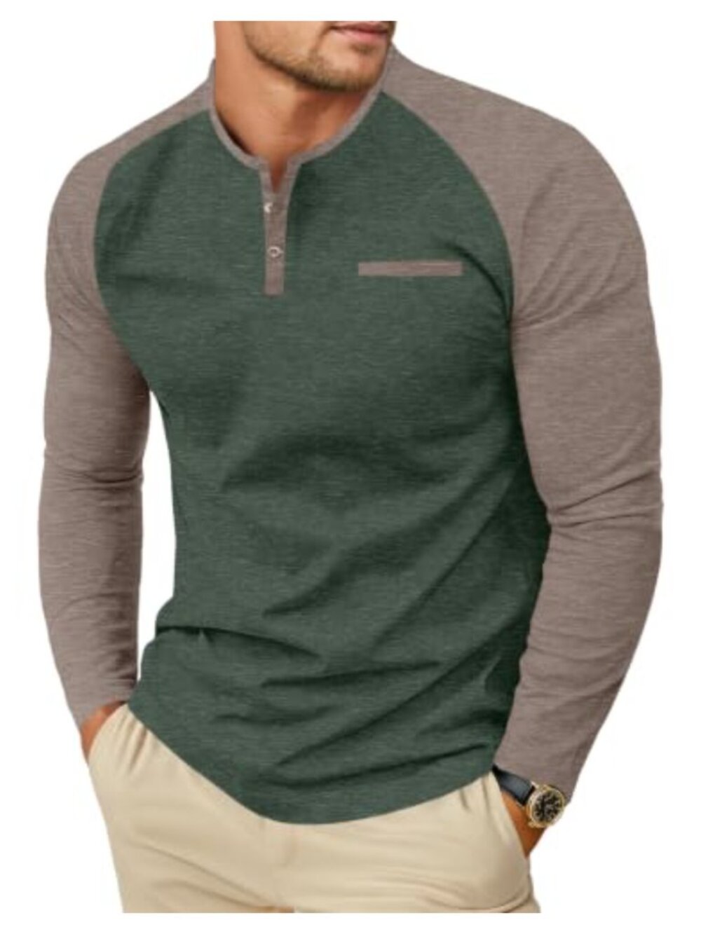 Mens Long Sleeve Henley Shirt Cotton Button Pocket Casual Tee Pullover